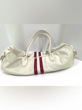 Latico NJ 22” Leather Retro Duffel Weekender Bag White w Pink Bowling Stripes